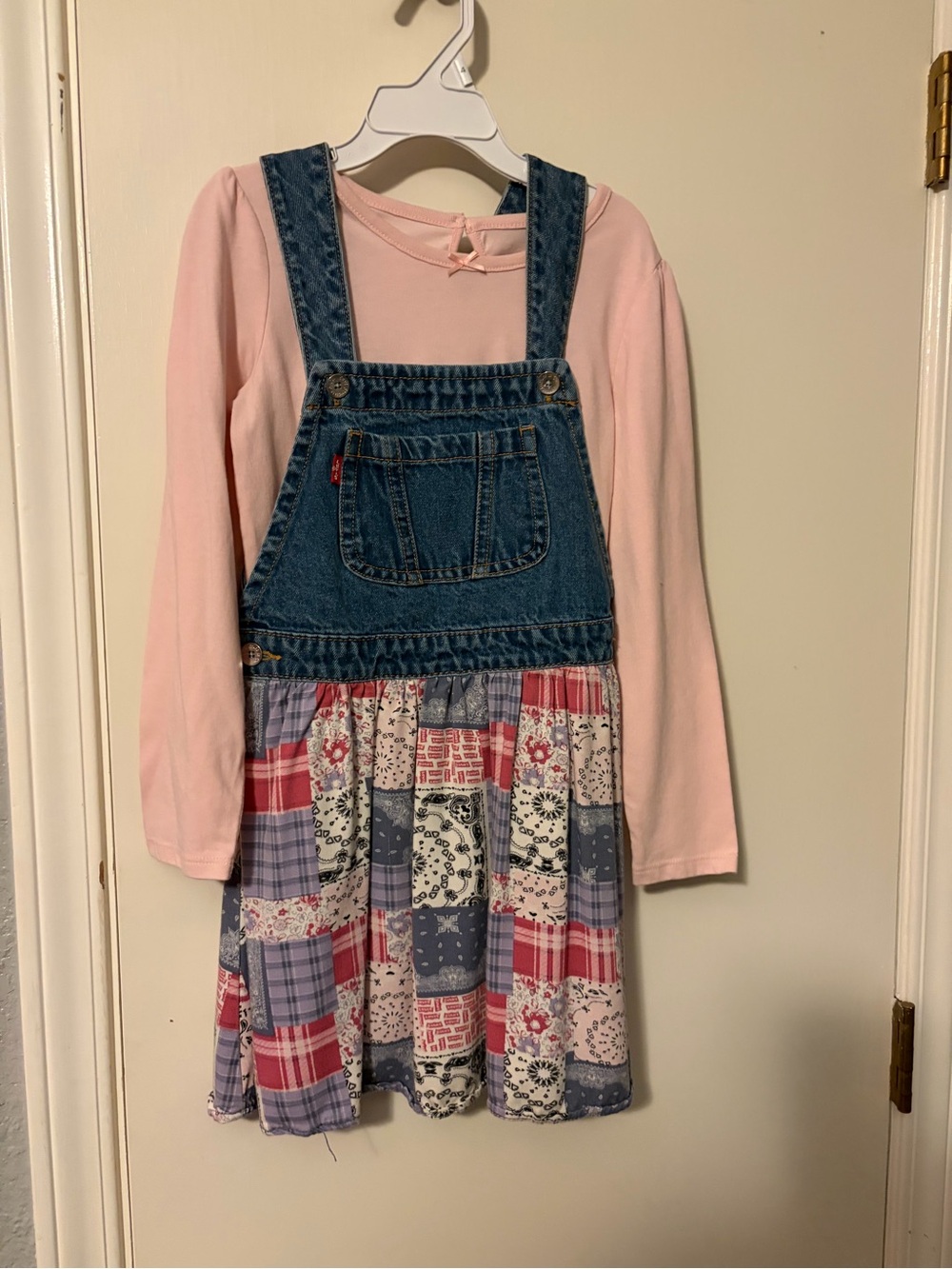 Levi's Denim Overall Dress with Pink Top and Patchwork Skirt. Size 6/7